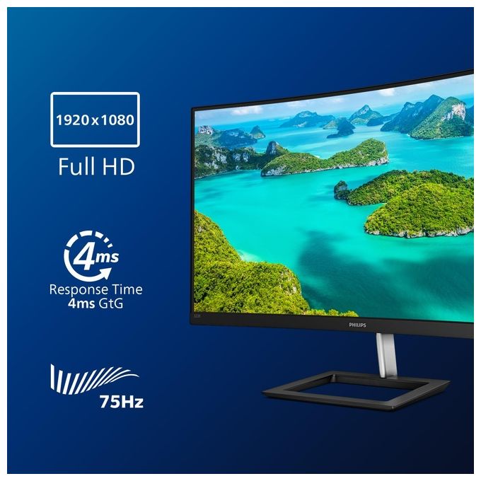 Philips 322E1C Gaming Monitor Curvo da 32'', FHD LED VA Adaptive Sync 75 Hz, HDMI, Display Port, VGA, Flicker Free, Low Blue, Nero