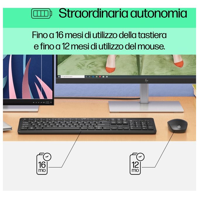 HP 18H24AA Combo Kit Tastiera e Mouse Wireless 2.4 GHz Full-size Membrana 1600 DPI autonomia 16 mesi colore Nero