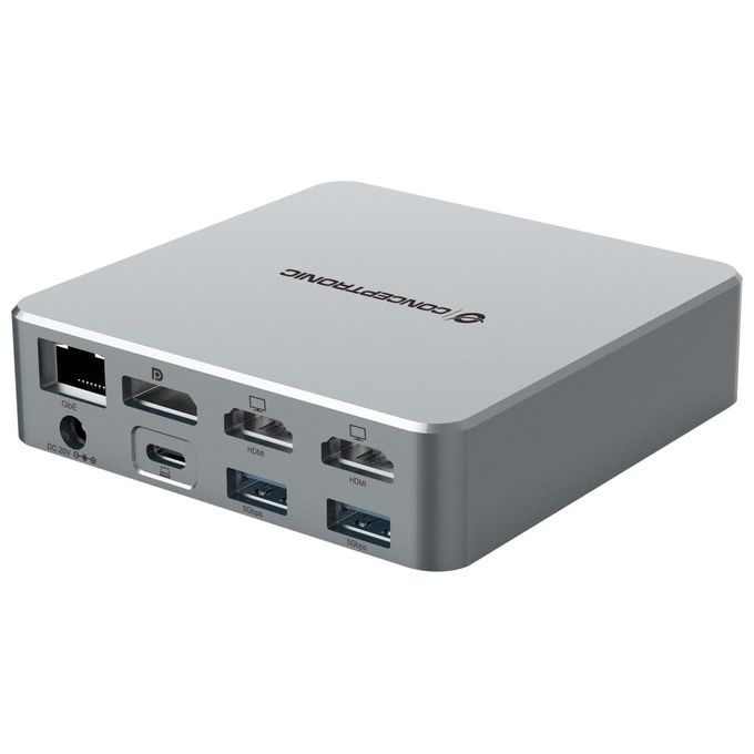 Conceptronic DONN25G Docking Station 15 in 1 con DisplayLink USB 3.2 Gen 2 Tripla Uscita Video 4K60Hz 2 HDMI 1 DisplayPort 2 USB-C 10 Gbps 2 USB-A 10 Gbps 2 USB-A 5 Gbps Lettore SD MicroSD Ethernet Gigabit Alimentazione USB PD 100W colore Argento