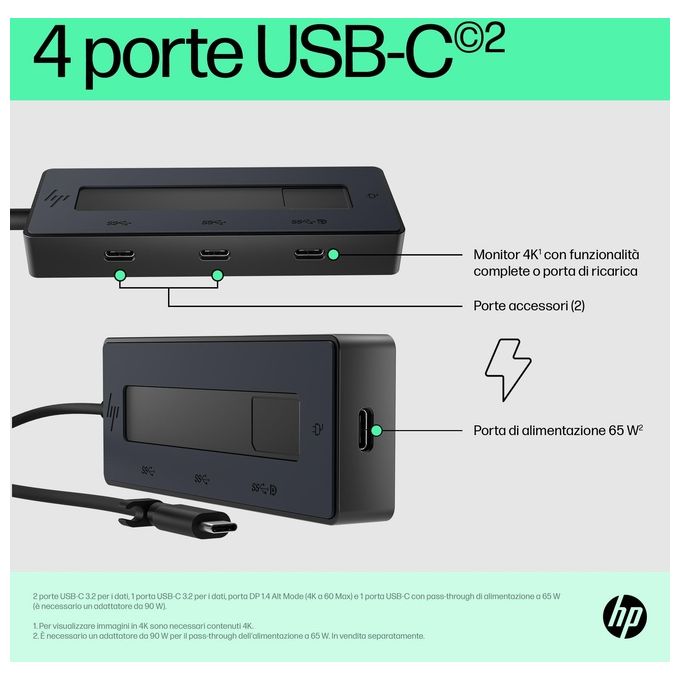 HP 6G842AA Hub Multiporta 4K USB-C 4 porte USB-C 10 Gbps risoluzione 3840x2160 fino a 65 W compatibile Windows macOS Chrome OS Android colore Nero