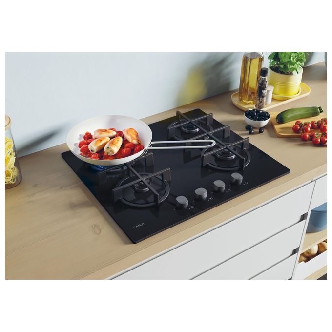 Candy CVG6B New Timeless Piano cottura a gas su vetro 60 cm 4 fuochi griglie in ghisa manopole inox colore Nero
