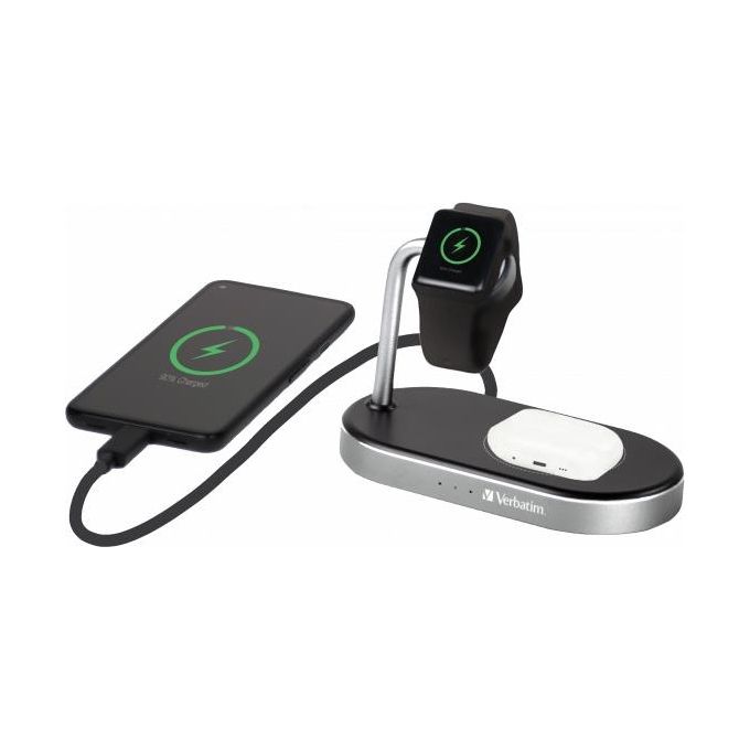 Verbatim 49556 WCS-02 Caricatore Wireless 3 in 1 con Ricarica Rapida QC 3.0 e Certificazioni Qi MFi colore Nero