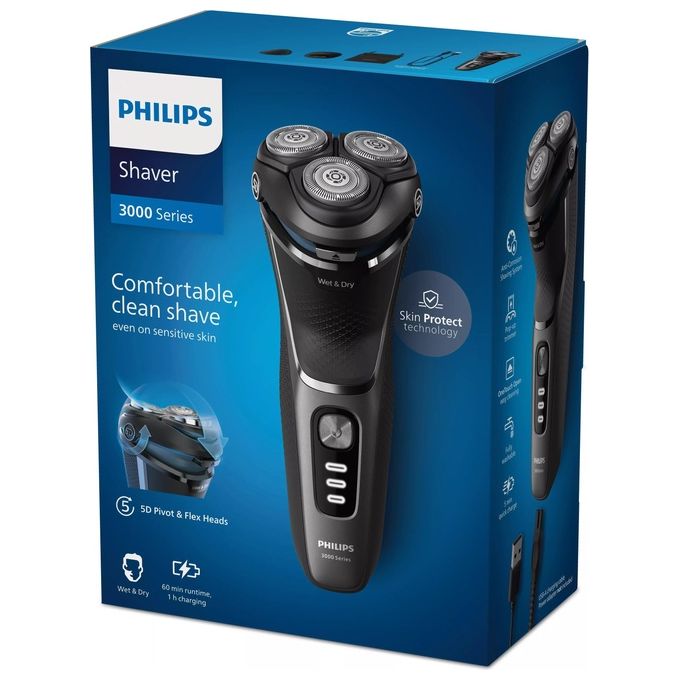Philips S3343-13 Shaver Serie 3000 Rasoio elettrico rotativo Wet Dry 3 testine autonomia 60 min colore Nero Cromo