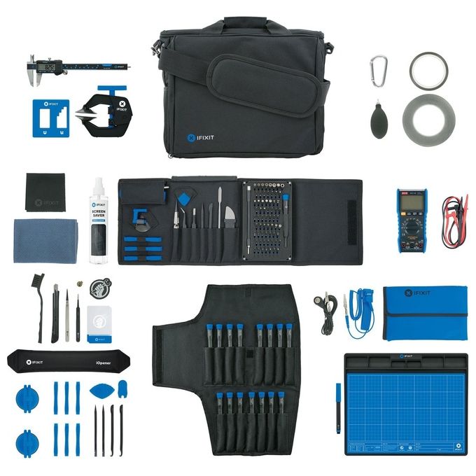 IFixit EU145278-20 Repair Business Toolkit Kit per Riparazioni con 15 Cacciaviti 4 Spudger 2 Pinzette 2 Ventose Multimetro Calibro Digitale e Borsa Messenger colore Blu-Nero