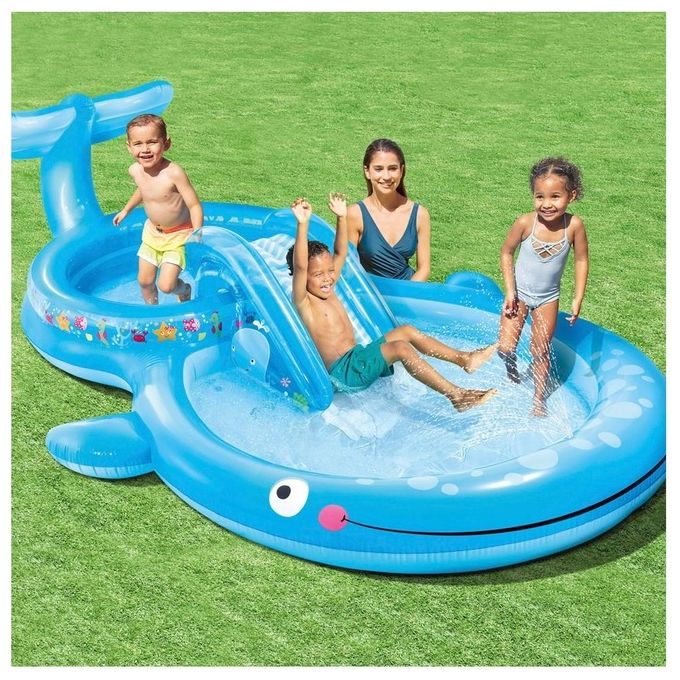 Intex 57176NP Play Center Balena Parco Giochi Gonfiabile con Scivolo e Spruzzino 373x234x99 cm colore Blu