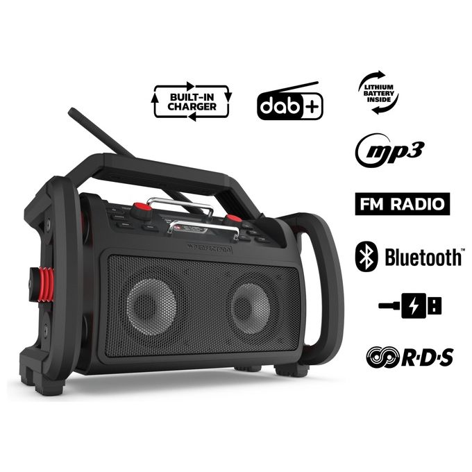 Perfectpro RP2 Rockpro Radio per Cantiere Digitale con Sintonizzatore DAB+ FM Potenza 30 W Batteria 4000 mAh Fino a 12 h IP65 colore Nero Rosso