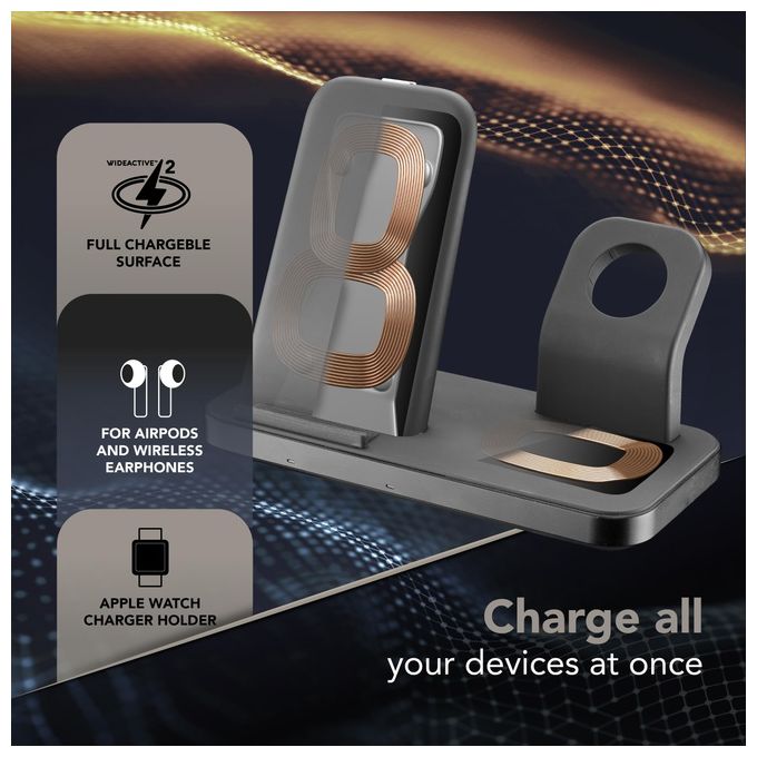 Cellularline WIRELESS3IN1IPHK Trio Wireless Charger Supporto di Ricarica Wireless 3in1 per iPhone Apple Watch AirPods 7.5W colore Nero