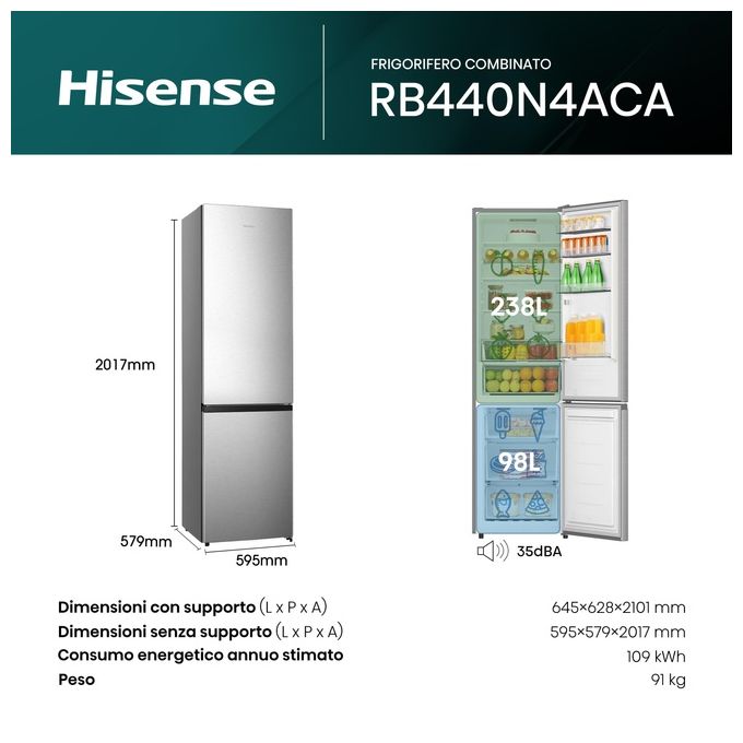 Hisense RB440N4ACA Frigorifero Combinato 336 L 201,7 cm Classe A 35 dB Total No Frost Inverter colore Inox