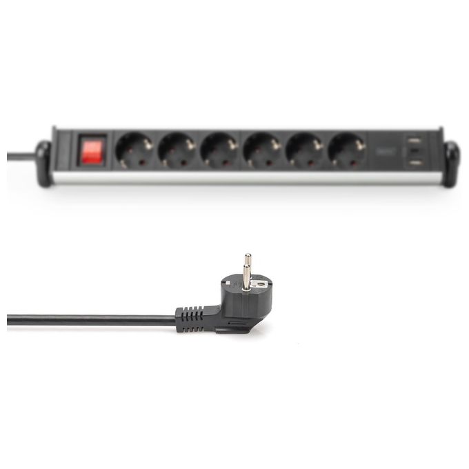 Digitus DA-70624 Ciabatta Multipresa Office 6 Prese 2 USB-A 18W 1 USB-C 20W cavo 1,5 m alluminio colore Nero Argento