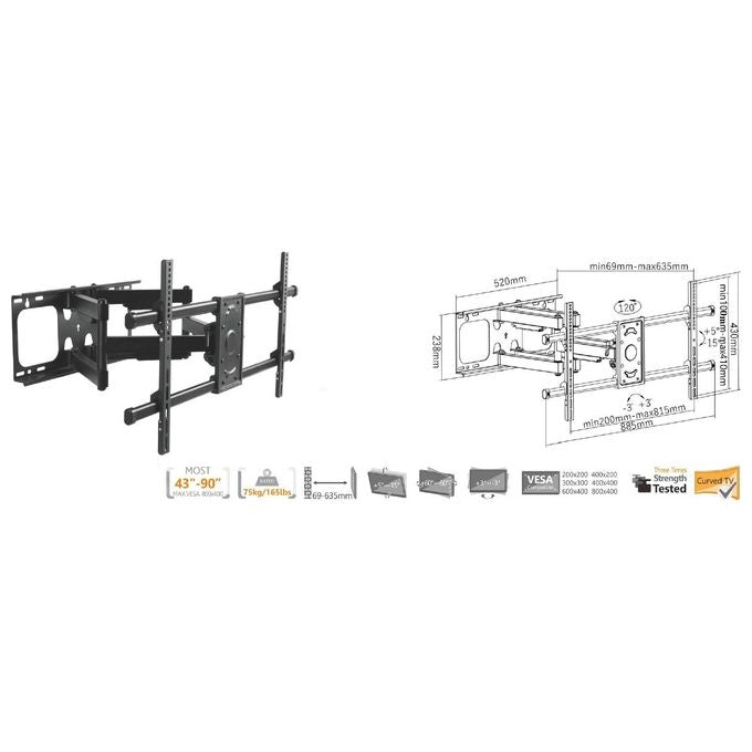Equip 650324 Staffa di montaggio a parete per TV inclinabile e girevole da 37'' a 90'' VESA max 816x400 mm supporto fino a 75 Kg colore Nero