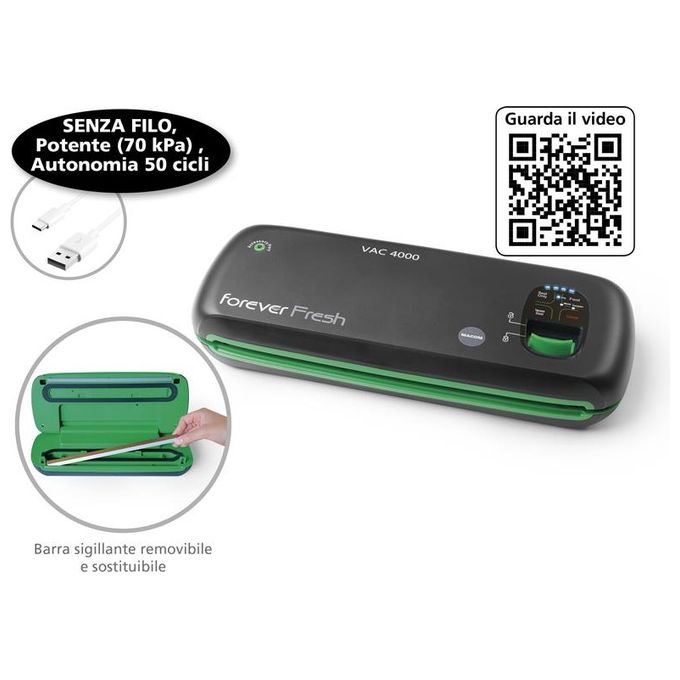 Macom VAC4000 Forever Fresh Macchina Sottovuoto Cordless Barra Sigillante 28 cm Autonomia 50 cicli USB colore Nero Verde