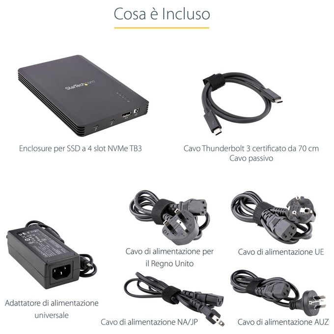 StarTech.com M2E4BTB3 Contenitore Esterno SSD 4x M.2 NVMe Thunderbolt 3 40 Gbit-s DisplayPort Integrata Ventola Attiva Alimentatore Incluso colore Nero