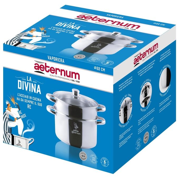 Aeternum AP000082 La Divina Vaporiera in Acciaio Inox 22 cm con Coperchio in Vetro Induzione BPA Free colore Acciaio satinato