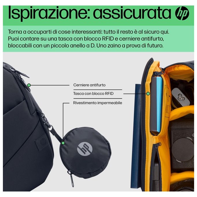 HP 6M5S4AA Borsa a tracolla per laptop Creator 13.3 pollici in materiale riciclato resistente all'acqua con scomparto ad accesso rapido e protezione RFID colore Blu marino