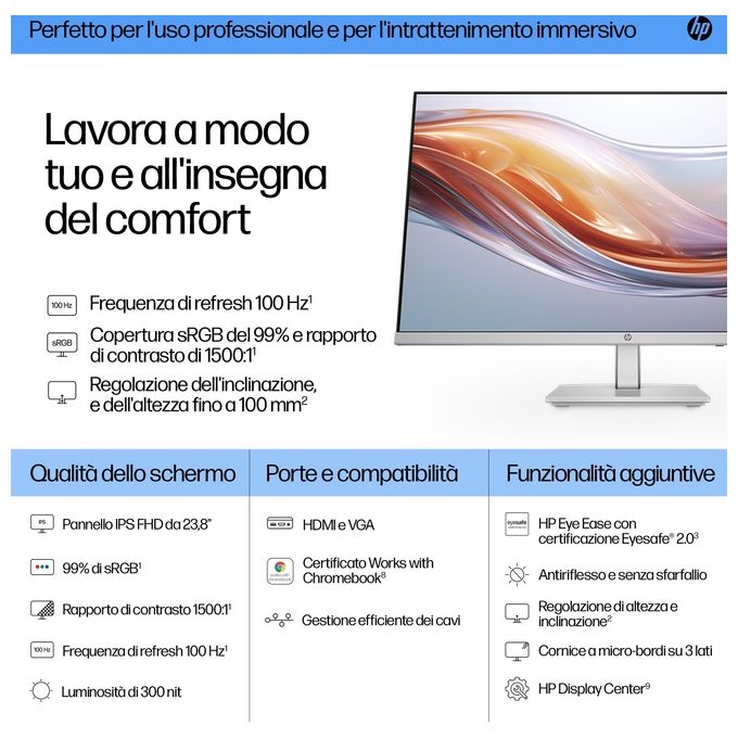 HP 524SH Monitor PC 23.8'' Full HD IPS 1920x1080 100Hz Regolabile in Altezza colore Bianco