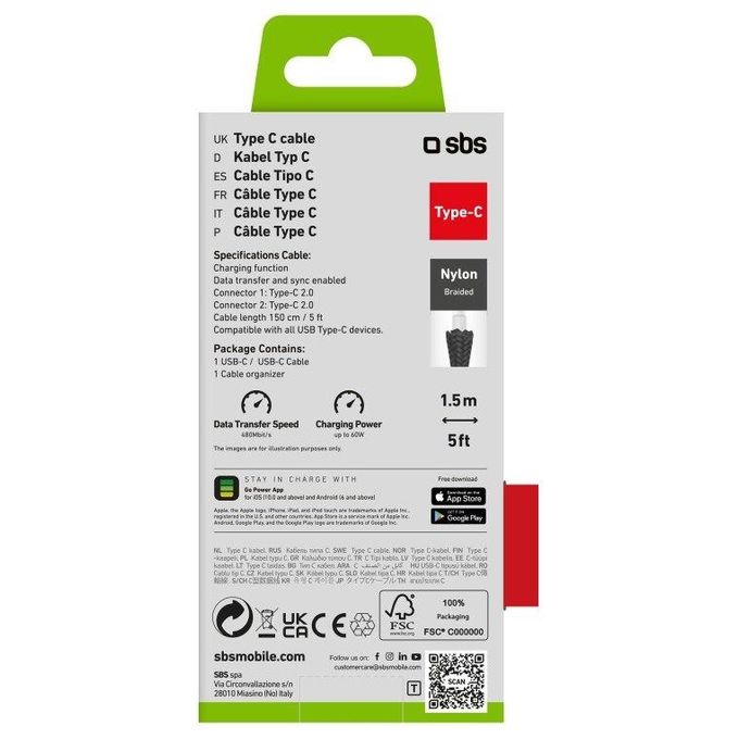 Sbs Cavo Usb-C 2.0 PD 60W Nero