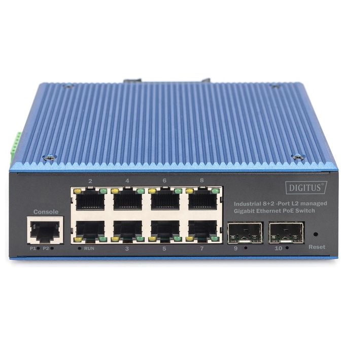 Digitus DN-651157 Switch industriale 8+2 porte L2 gestito Gigabit Ethernet PoE con alimentazione ridondante IP40 montaggio su guida DIN colore Nero