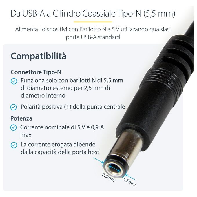 StarTech Cavo di alimentazione USB a barilotto tipo N 1 m 5 V CC - USB A a CC 5,5 mm