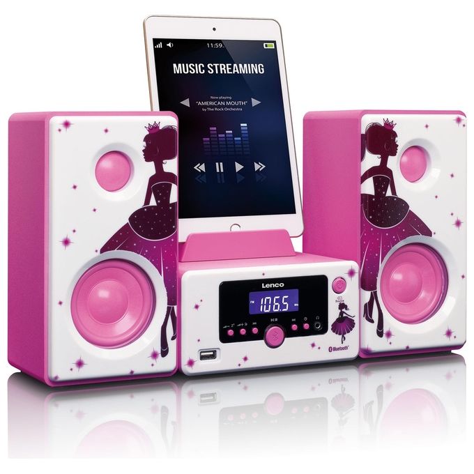 Lenco MC-020 Micro Impianto Hi-Fi Radio FM USB AUX Jack 3,5 mm 10 W colore Rosa Bianco