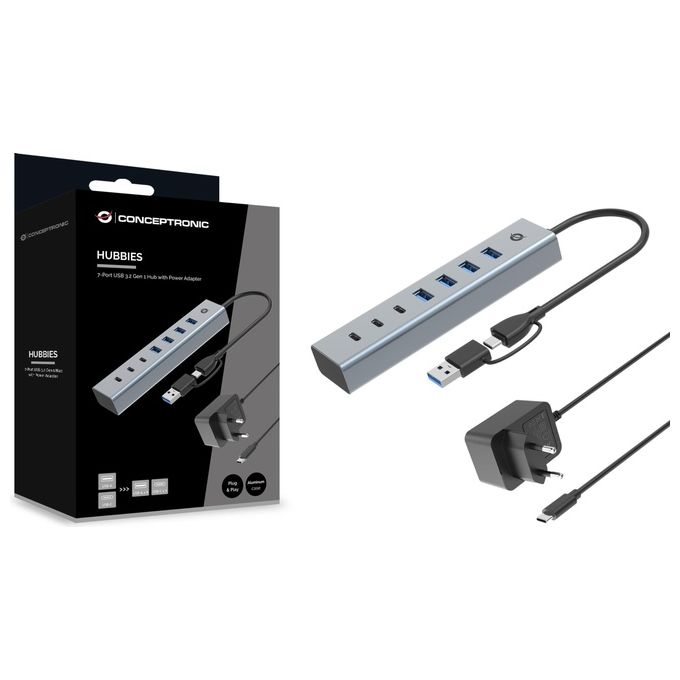 Conceptronic HUBBIES20GP Hub USB 3.2 Gen 1 a 7 porte 5 Gbps con alimentatore incluso colore Grigio