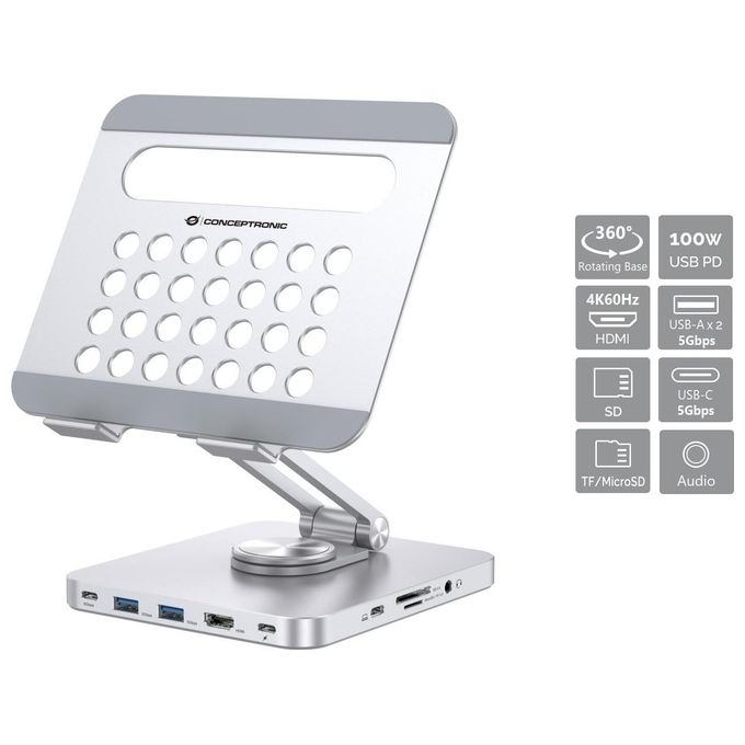Conceptronic DONN26G Supporto per Tablet con Docking Station 8 in 1 USB 3.2 Gen 1 HDMI 4K 100W Power Delivery colore Argento