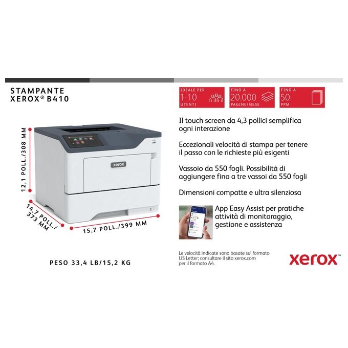 Xerox B410V_DN Stampante Laser Monocromatica A4 47 ppm Fronte-Retro Automatica 2 Vassoi Totale 650 Fogli Colore Grigio Bianco