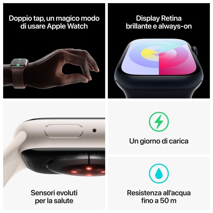 Apple MR8X3QL-A Watch Series 9 Smartwatch GPS 41mm Alluminio con Cinturino Sport M-L colore Mezzanotte
