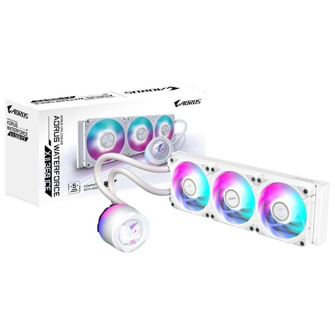 GIGABYTE GP-AORUS WATERFORCE X II 360I AORUS WATERFORCE X II 360 ICE Raffreddamento a liquido per CPU AIO con 3 ventole ARGB da 120 mm schermo LCD a colori e compatibilita' Intel LGA 1851 AMD AM5 colore Bianco