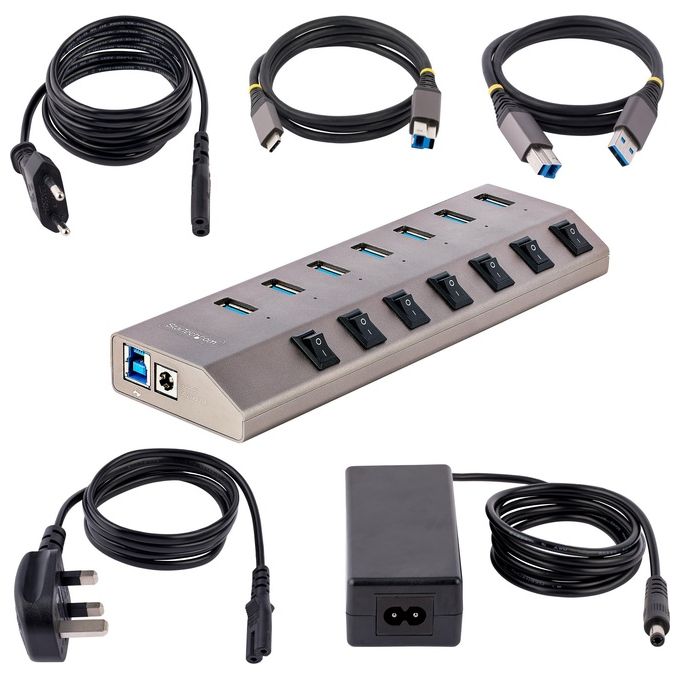 StarTech.com 5G7AIBS-USB-HUB-EU Hub USB 7 Porte Autoalimentato con Interruttori Individuali USB 3.2 Gen 1 5Gbps Cavo USB-C e USB-A Incluso colore Grigio