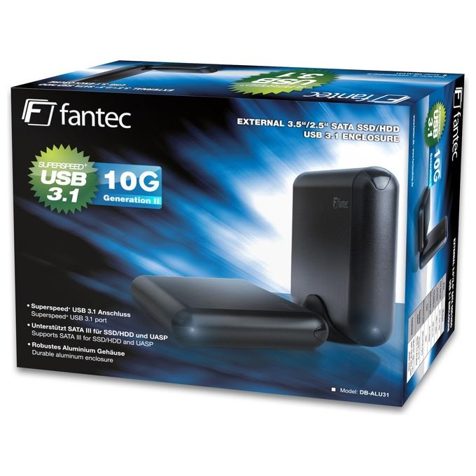 Fantec DB-ALU31 Box Esterno per HDD SSD 3.5'' 2.5'' SATA USB 3.2 Gen 2 Type-C 10 Gbit-s Alluminio colore Nero