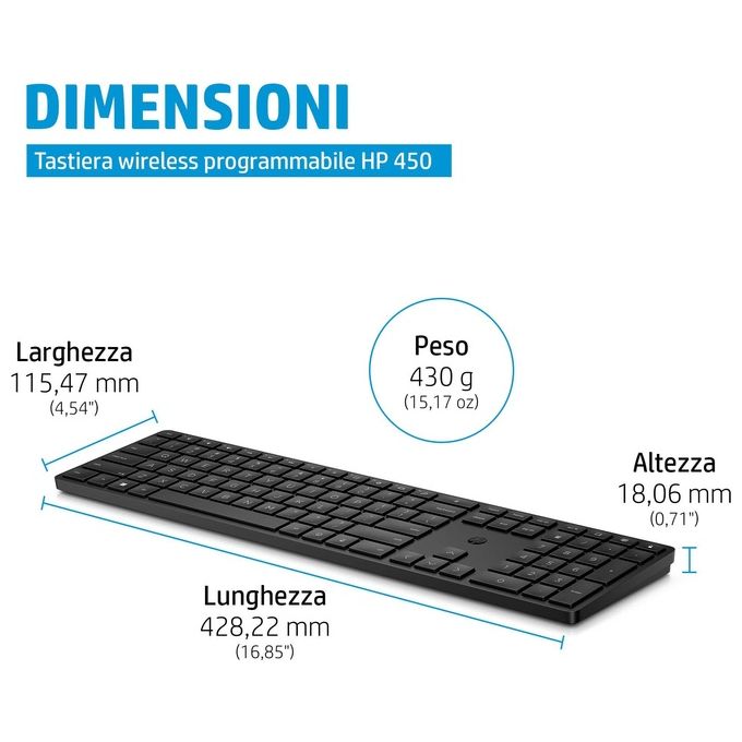 HP 4R184AA Tastiera Wireless Programmabile 450 Full-size RF USB 10m autonomia 20 mesi colore Nero