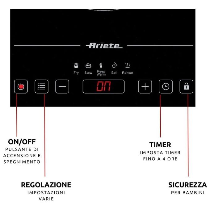 Ariete 1997 Piastra a induzione singola portatile Vetroceramica 2000W 10 livelli di potenza 5 programmi Timer 4 ore colore Nero