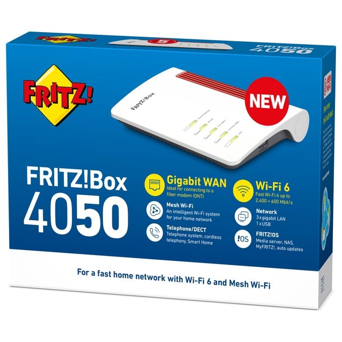 FRITZ! 20003067 Fritz!Box 4050 Router Wi-Fi 6 Dual Band 2.4 GHz 5 GHz fino a 3000 Mbit-s Mesh VPN VoIP DECT colore Bianco