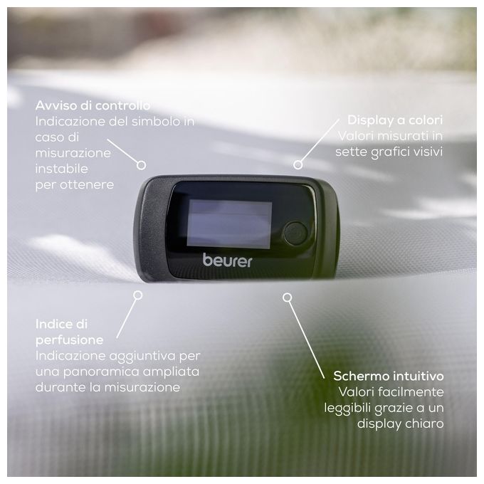 Beurer 45434 Pulsossimetro PO 45 Misurazione SpO2 Frequenza Cardiaca Indice di Perfusione Display OLED Bicolore colore Nero