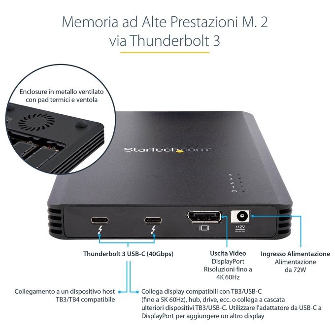 StarTech.com M2E4BTB3 Contenitore Esterno SSD 4x M.2 NVMe Thunderbolt 3 40 Gbit-s DisplayPort Integrata Ventola Attiva Alimentatore Incluso colore Nero