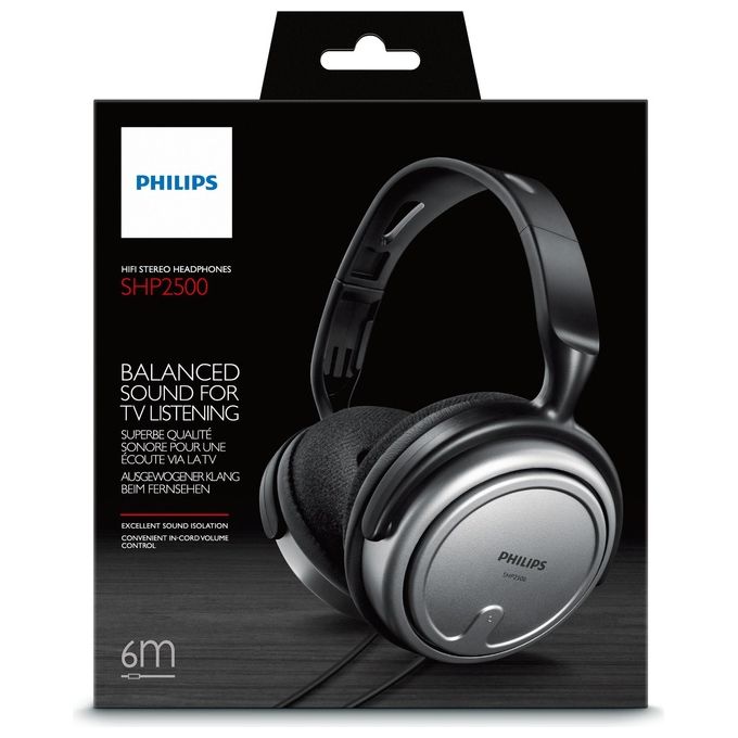 Philips SHP2500 cuffia TV a Filo con cuscinetti Nero, Argento Cavo 6 metri