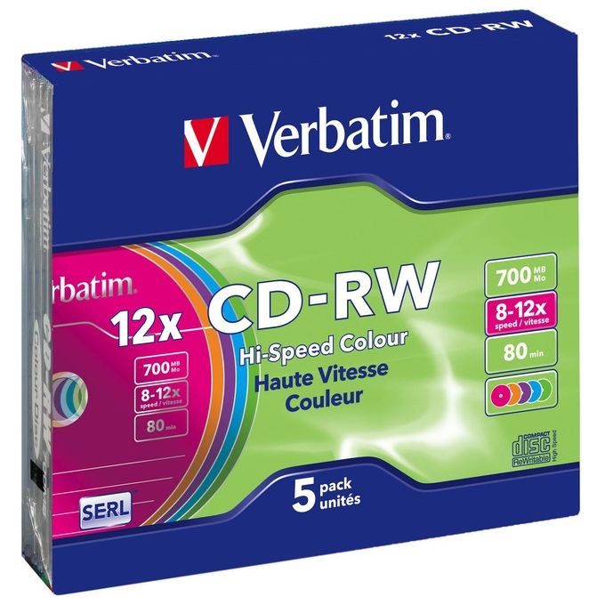 Verbatim Cdrw Datalifeplus 5 Pz. 8x-10x 700mb Slim Colorati
