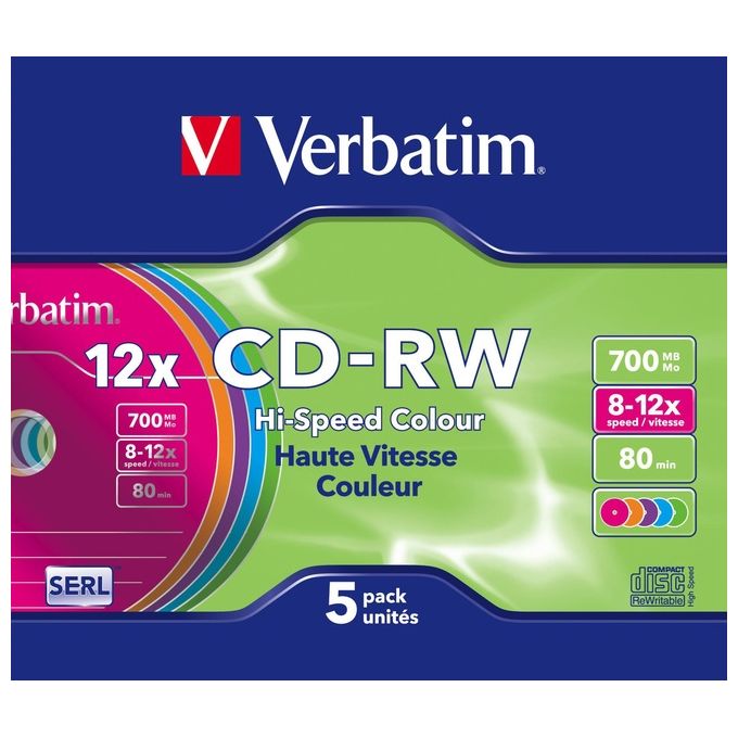 Verbatim Cdrw Datalifeplus 5 Pz. 8x-10x 700mb Slim Colorati