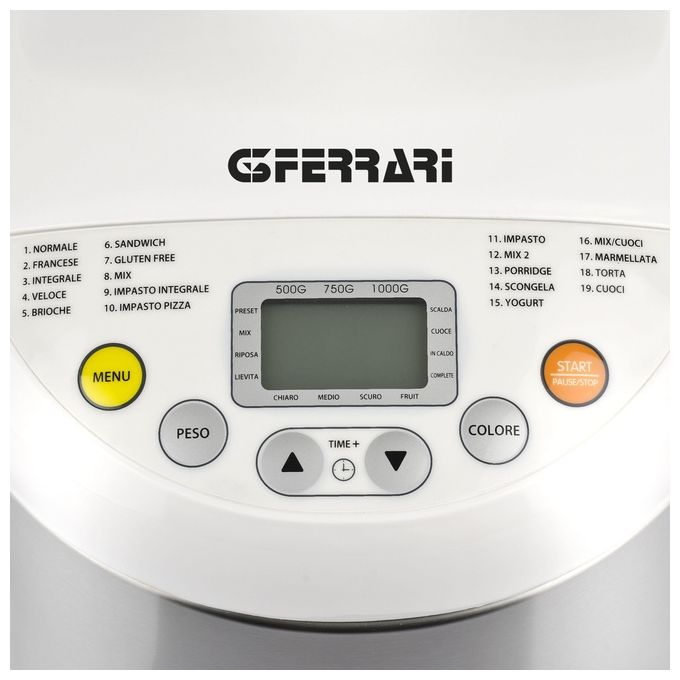 G3 Ferrari Pagnotta Macchina per il pane 550W Acciaio INOX 19 Programmi Argento Bianco