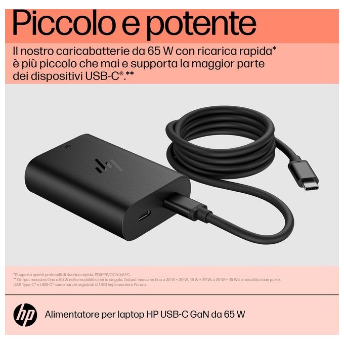 HP 600Q8AA Caricabatterie per laptop USB-C GaN da 65 W 2 porte USB-C uscita fino a 20 V 1 m colore Nero