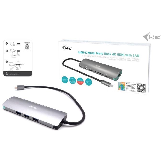 I-tec C31NANODOCKLANPD USB-C 4K Nano Docking Station HDMI 4K@60Hz Ethernet Gigabit 3x USB 3.2 Gen 1 Lettore SD-microSD Power Delivery 100W colore Argento