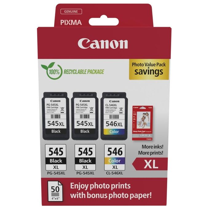 Canon 8286B015 Cartuccia d'Inchiostro Originale XL Set 3 Pezzi PG-545XL x2 CL-546XL con Fogli Fotografici colore Nero Ciano Magenta Giallo