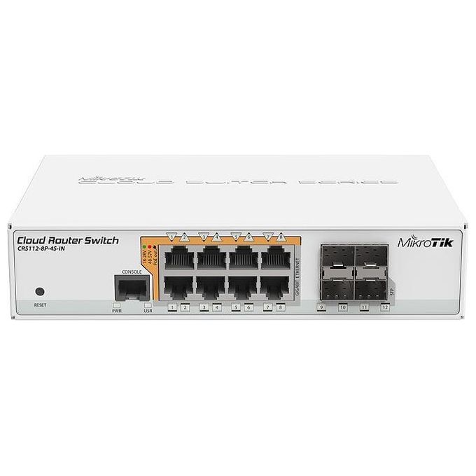 Mikrotik CRS112-8P-4S-IN Switch di Rete con 8 Porte Gigabit Ethernet 10-100-1000 e 4 Porte SFP Supporto Power over Ethernet PoE 128 MB RAM 16 MB Flash colore Bianco