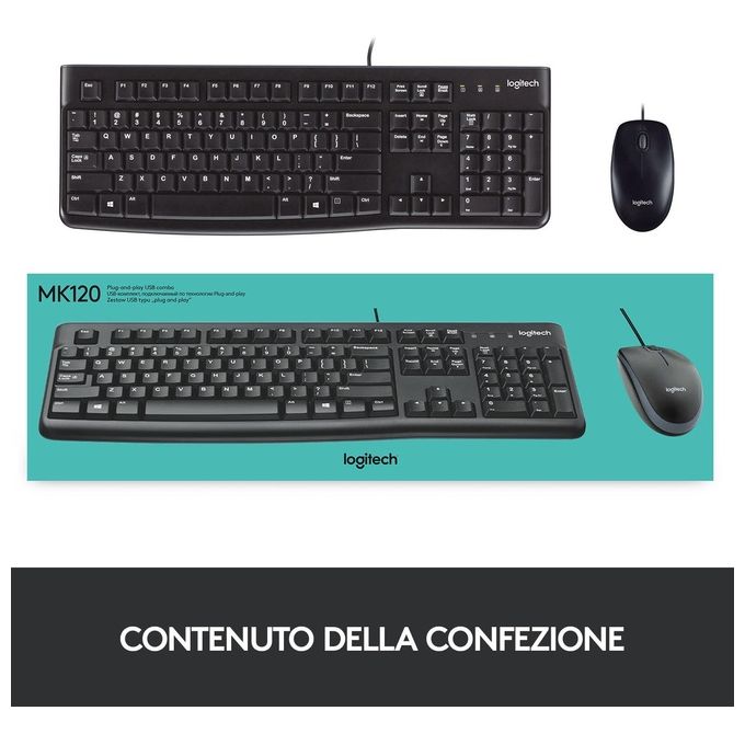 Logitech MK120 Combo Tastiera e Mouse con Filo per Windows Mouse Ottico Cablato Tastiera di Dimensioni Standard USB Plug-and-Play compatibile con PC Laptop Layout Italiano QWERTY Nero