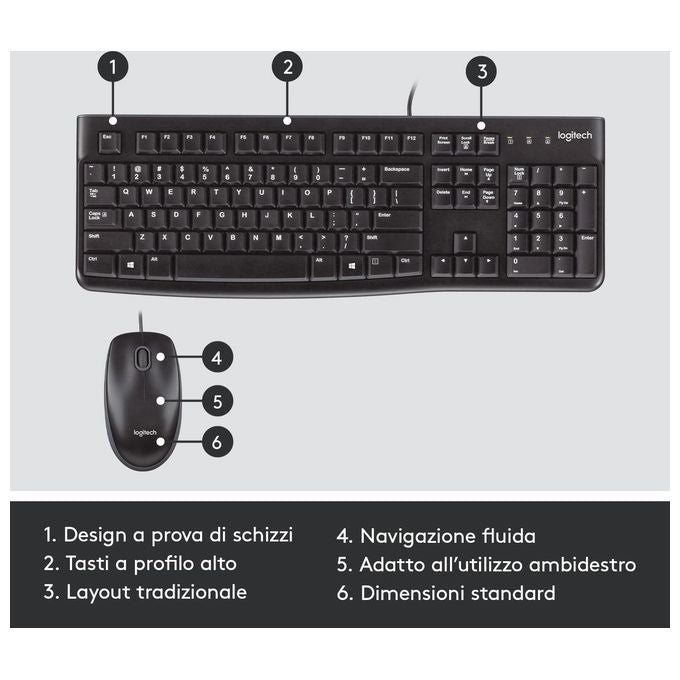 Logitech MK120 Combo Tastiera e Mouse con Filo per Windows Mouse Ottico Cablato Tastiera di Dimensioni Standard USB Plug-and-Play compatibile con PC Laptop Layout Italiano QWERTY Nero