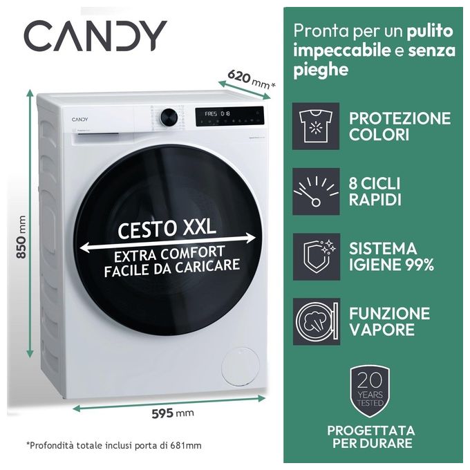 Candy Lavatrice a carica frontale ProWash 550 BP 411BL9-S Lavatrice a carica frontale, Libera installazione, 11 kg, 1400 RPM, Classe A, Bianco, 16 programmi, Controllo remoto avanzato e contenuti extra in App (Wi-Fi + BLUETOOTH), L x P x A (mm) 595x681x8