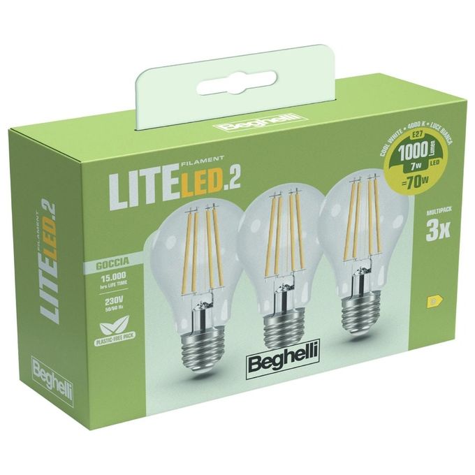 Beghelli 58121 Lampadina LED Forma A E27 7W 1000lm 2700K Bianco Caldo 15000h 3 pezzi colore Bianco
