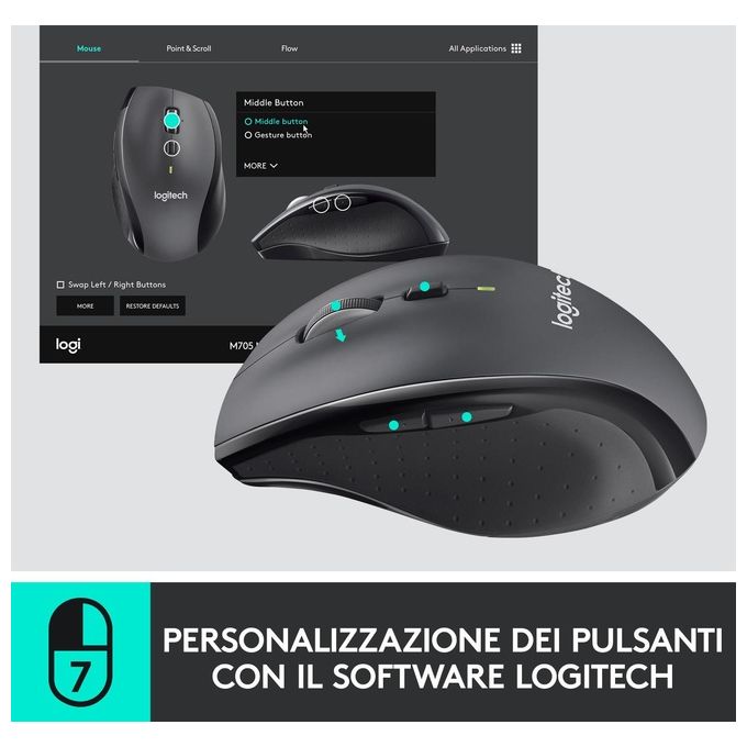 Logitech 705 Marathon Mouse Wireless, Ricevitore USB Unifying 2,4 GHz, 1000 DPI, 5 Pulsanti Programmabili, Durata Batteria di 3 Anni, Compatibile con PC, Mac, Laptop, Chromebook - Nero