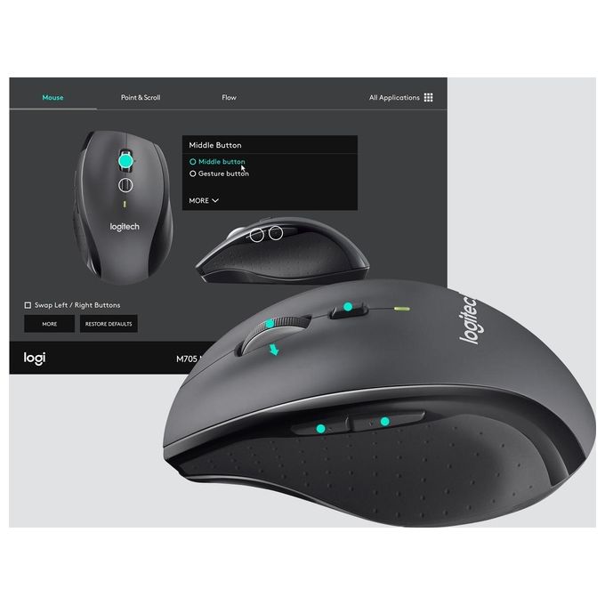 Logitech M705 Marathon Mouse Wireless Ottico 1000 DPI Ergonomico Mano Destra Unifying 2.4 GHz colore Antracite