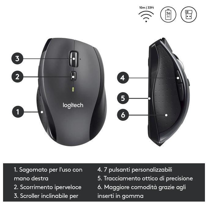 Logitech 705 Marathon Mouse Wireless, Ricevitore USB Unifying 2,4 GHz, 1000 DPI, 5 Pulsanti Programmabili, Durata Batteria di 3 Anni, Compatibile con PC, Mac, Laptop, Chromebook - Nero